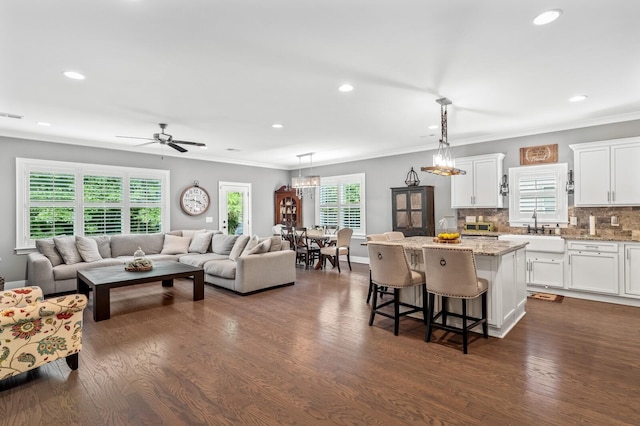 living room featuring dark hardwood / wood-style floors, ceiling fan, ornamental molding, and sink