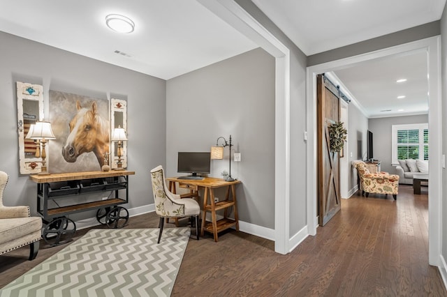 office space with dark wood-type flooring