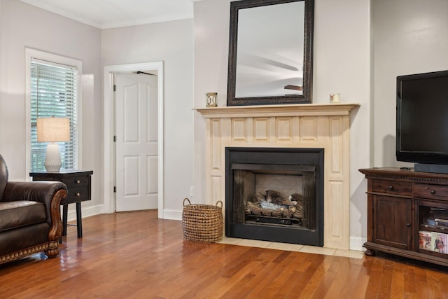 living area with light hardwood / wood-style floors and ornamental molding