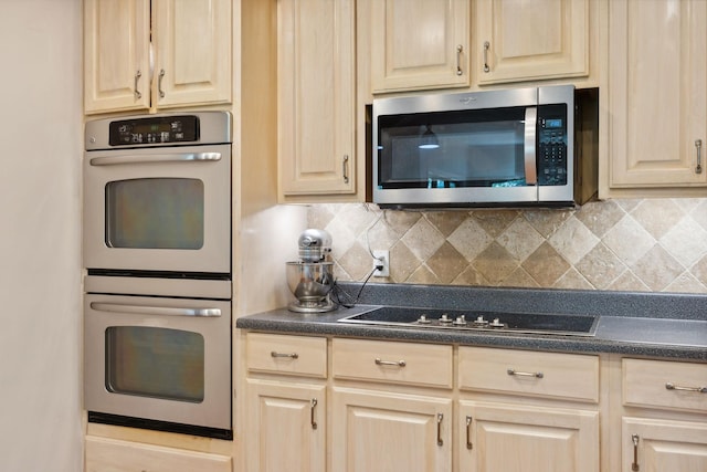 kitchen with light brown cabinets, backsplash, and stainless steel appliances