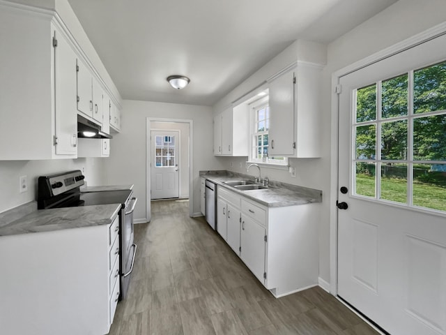 kitchen with stainless steel appliances, white cabinetry, a wealth of natural light, and sink