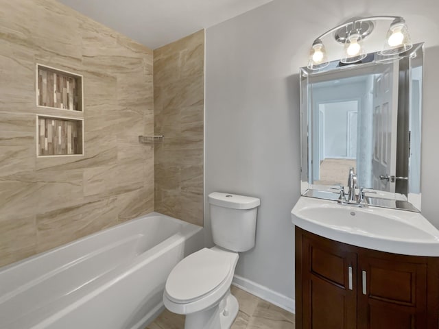 full bathroom with bathtub / shower combination, vanity, and toilet