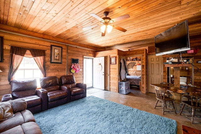 living room featuring ceiling fan, wood ceiling, and wooden walls