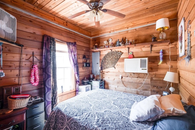 bedroom with ceiling fan, wooden walls, and wood ceiling