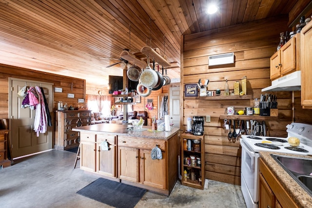 kitchen with white range with electric cooktop, wooden ceiling, and wood walls