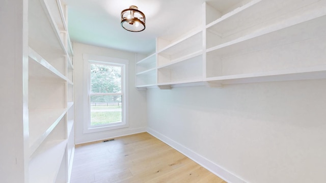 walk in closet with light wood-type flooring