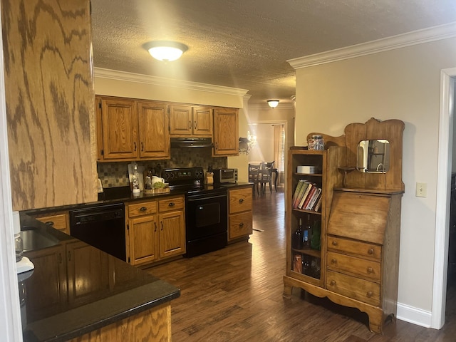 kitchen with ornamental molding, dark hardwood / wood-style flooring, decorative backsplash, and black appliances