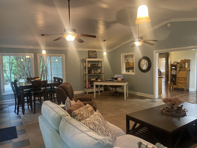 living room with ornamental molding, lofted ceiling, and ceiling fan