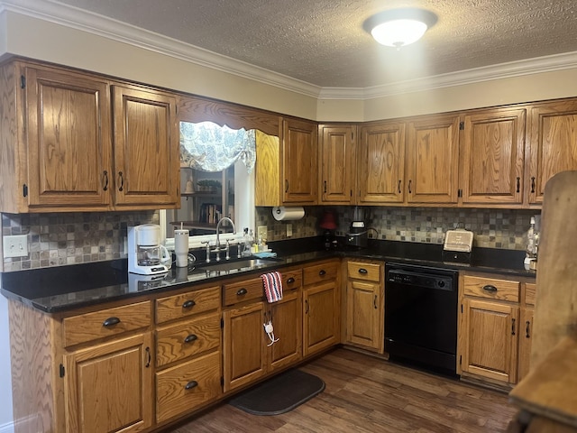 kitchen featuring dark hardwood / wood-style flooring, sink, tasteful backsplash, and dishwasher