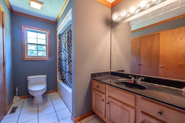 full bathroom with crown molding, tile patterned flooring, vanity, and toilet