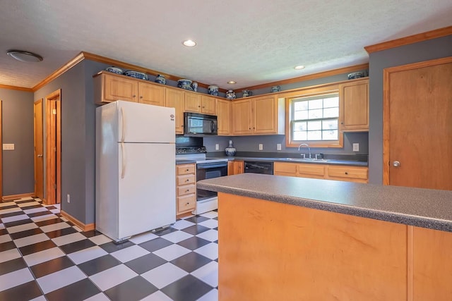 kitchen featuring light brown cabinetry, ornamental molding, a textured ceiling, sink, and black appliances