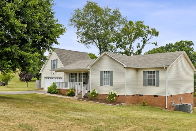 view of front of home featuring covered porch, a front lawn, and cooling unit