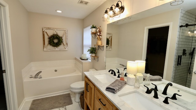 full bathroom with separate shower and tub, vanity, and toilet