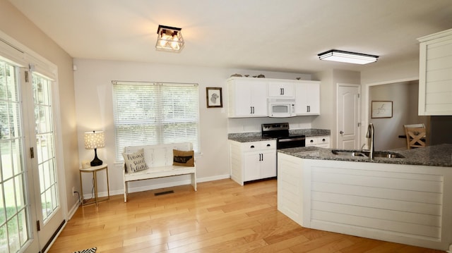 kitchen featuring white cabinets, light wood-type flooring, electric range, and sink