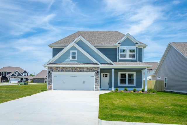 craftsman-style house with a garage, a front lawn, and a porch