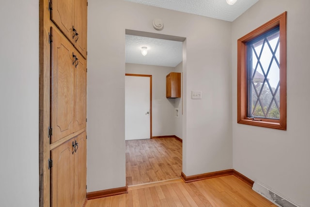 corridor featuring a wealth of natural light, light hardwood / wood-style flooring, and a textured ceiling