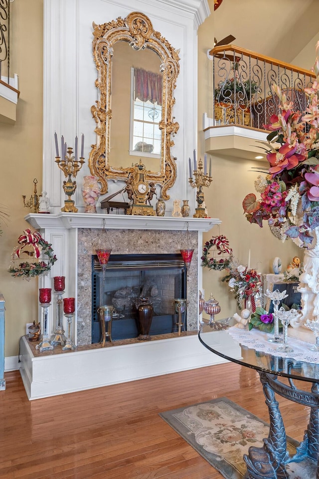 details featuring hardwood / wood-style floors and a high end fireplace