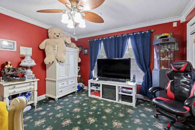 bedroom featuring crown molding, a textured ceiling, ceiling fan, and dark carpet