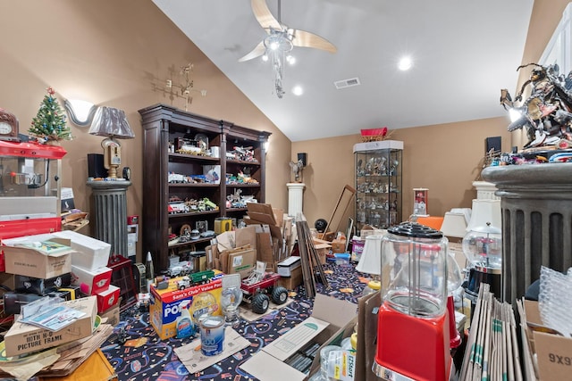 office space with lofted ceiling and ceiling fan