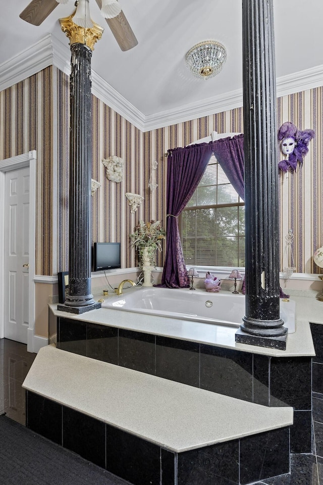 bathroom with crown molding, ceiling fan, tiled bath, and ornate columns