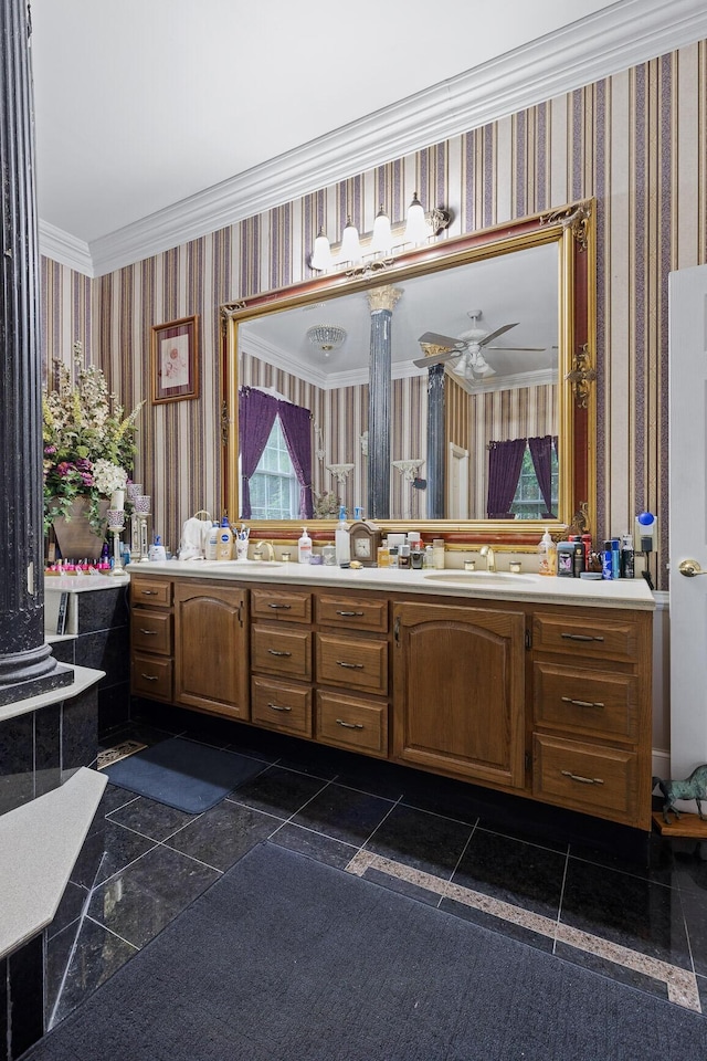 bathroom featuring vanity, ceiling fan, and crown molding