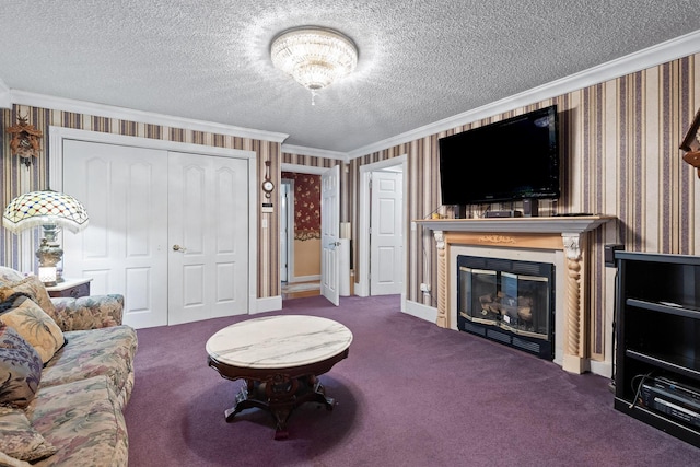 living room with dark carpet, ornamental molding, and a textured ceiling