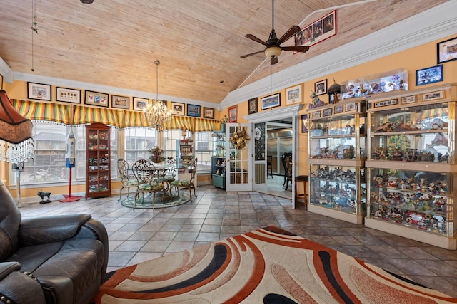 living room featuring wood ceiling, ceiling fan with notable chandelier, vaulted ceiling, and crown molding