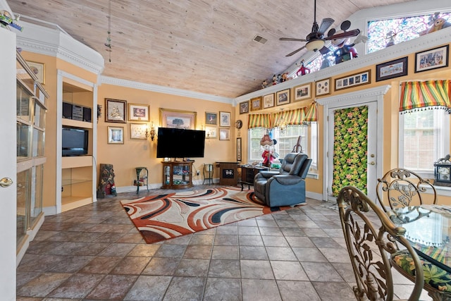 living room with a wealth of natural light, wooden ceiling, ceiling fan, and vaulted ceiling