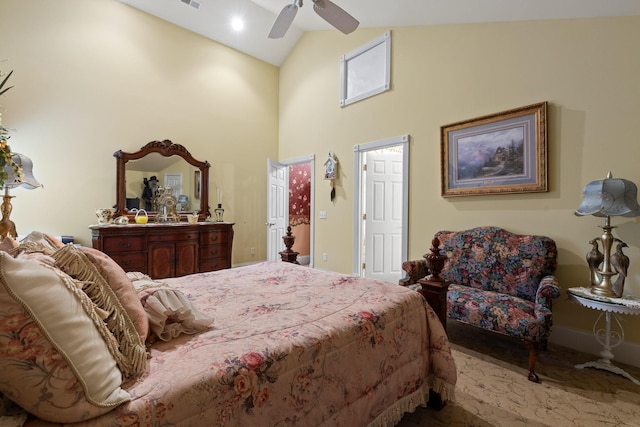 bedroom featuring ceiling fan and high vaulted ceiling