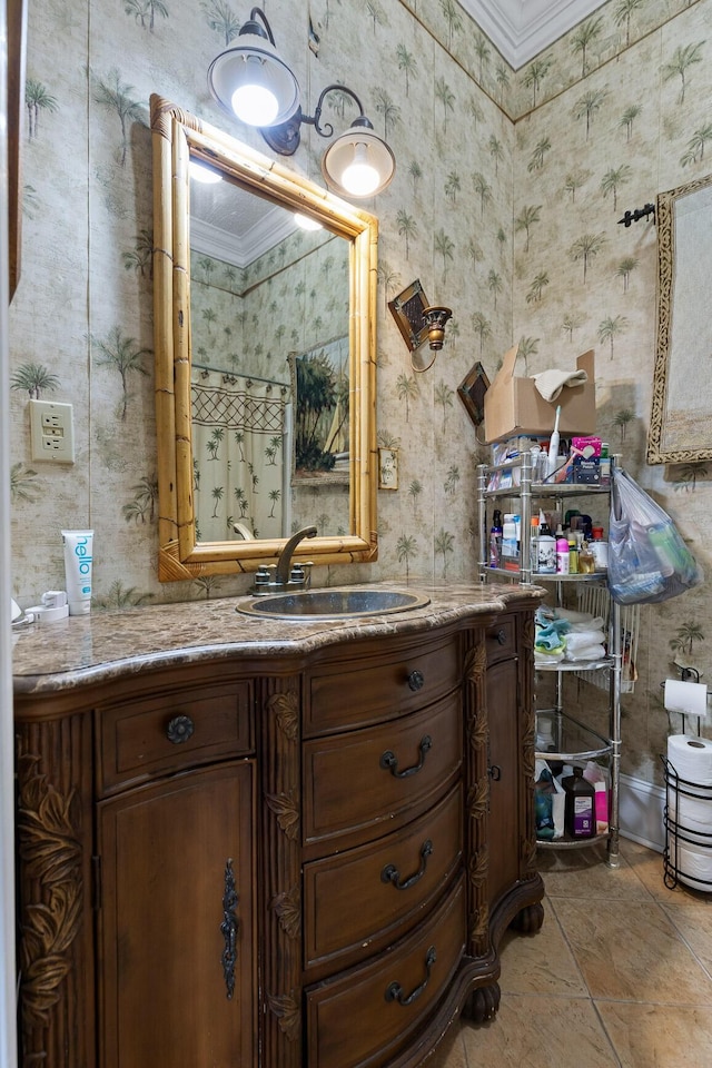 full bath featuring vanity, ornamental molding, a shower with shower curtain, and wallpapered walls