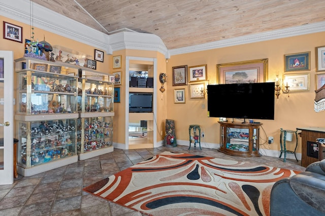 living room with crown molding, baseboards, vaulted ceiling, wood ceiling, and stone tile flooring