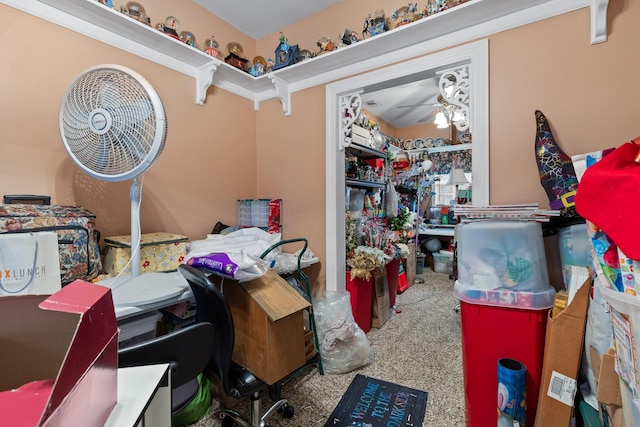 storage room with ceiling fan