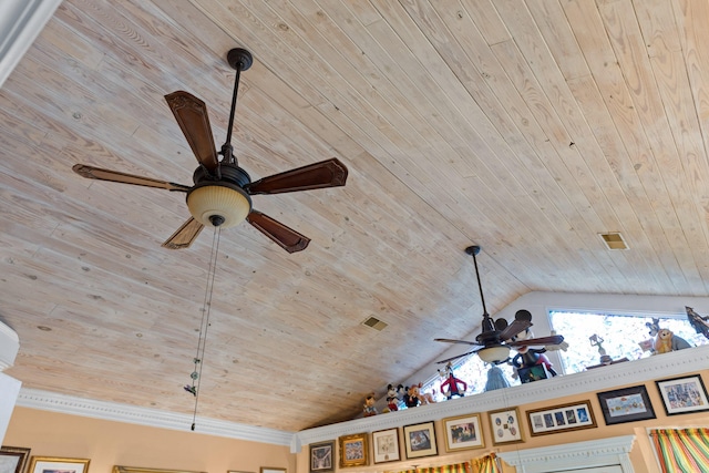 details with ceiling fan and wooden ceiling