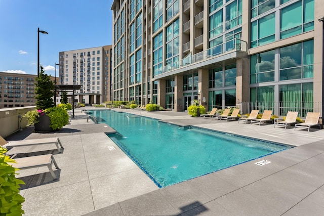 view of swimming pool with a patio area