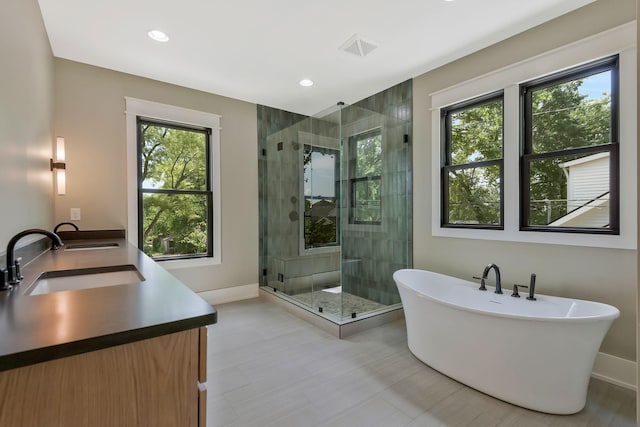 bathroom featuring a wealth of natural light, vanity, and independent shower and bath