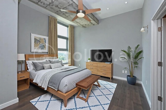 bedroom featuring dark hardwood / wood-style floors and ceiling fan