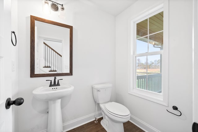 bathroom featuring wood-type flooring, toilet, and sink