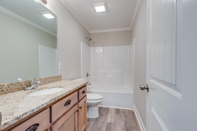 124 Lookout Ln, Pulaski, TN 38478 - bathroom featuring toilet, wood finished floors, vanity, ornamental molding, and tub / shower combination