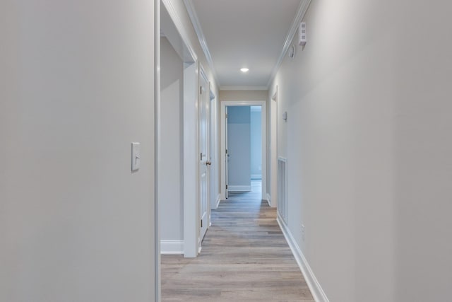 124 Lookout Ln, Pulaski, TN 38478 - hallway with light wood-type flooring, visible vents, baseboards, and crown molding