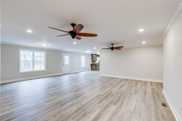 124 Lookout Ln, Pulaski, TN 38478 - unfurnished living room featuring light wood-style flooring, recessed lighting, visible vents, baseboards, and ornamental molding