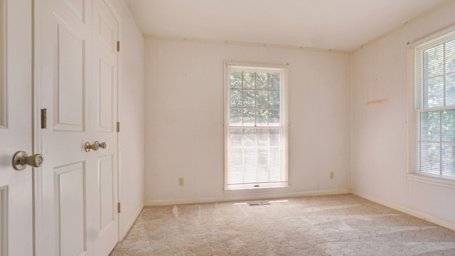 unfurnished room featuring light colored carpet, plenty of natural light, and crown molding