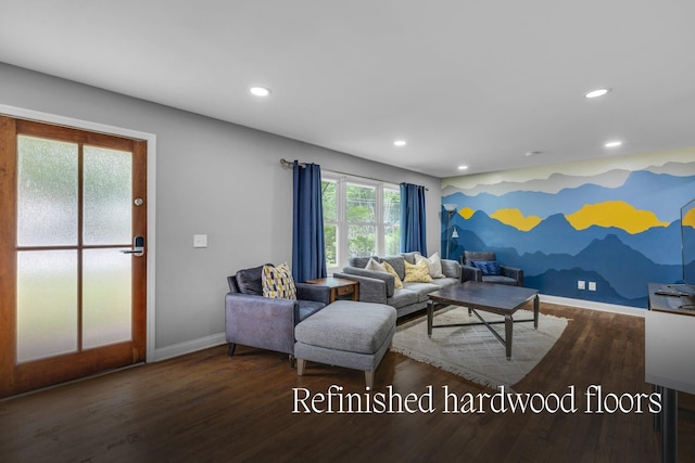 living room with dark hardwood / wood-style flooring