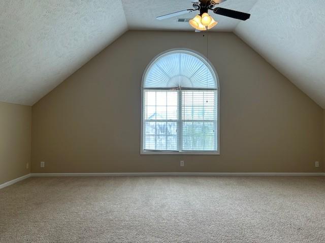 additional living space featuring lofted ceiling, ceiling fan, carpet floors, and a textured ceiling