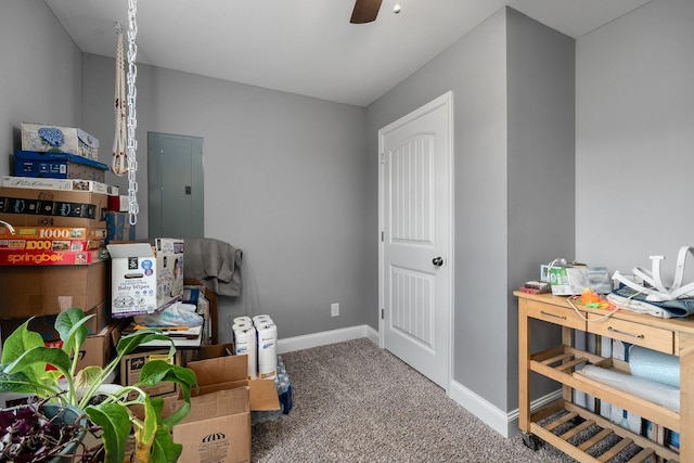 misc room with electric panel, ceiling fan, and carpet floors