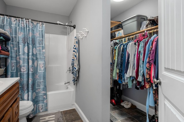 full bathroom with vanity, toilet, and shower / bathtub combination with curtain