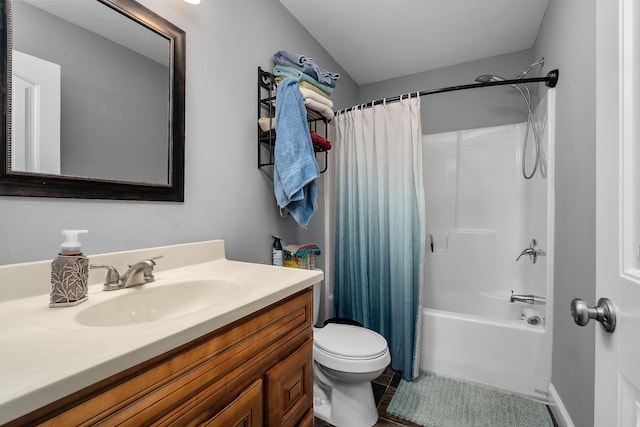 full bathroom with shower / tub combo, vanity, and toilet