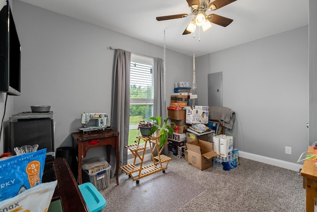 home office with carpet flooring, electric panel, and ceiling fan