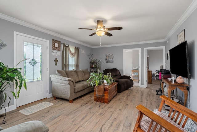 living room featuring ceiling fan, light hardwood / wood-style flooring, and crown molding