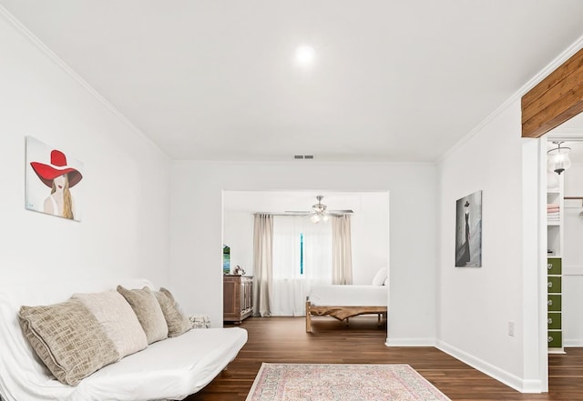 living room featuring ceiling fan and dark wood-type flooring