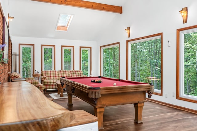 rec room featuring hardwood / wood-style floors, lofted ceiling with skylight, and billiards